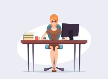 Bilgisayar - vektör çizim ile çalışma ve oturma sevimli iş kadını