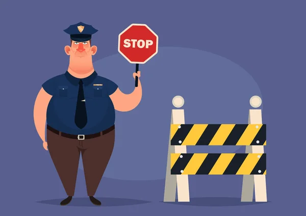 Funny Cartoon Policeman Holding Stop Sign Vector Illustration — Stock Vector