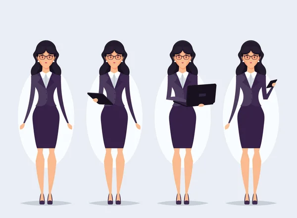 Pretty Business Woman Holding Electronic Devices Set Vectores — Vector de stock