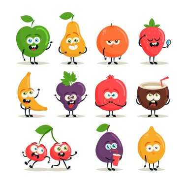 Komik çizgi film karakterleri. Meyve ve çilek. Vektör Set