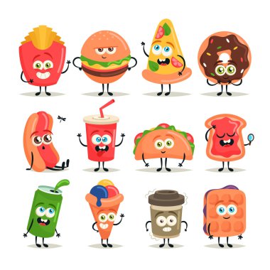 Komik çizgi film karakterleri. Fast Food. Vektör Set