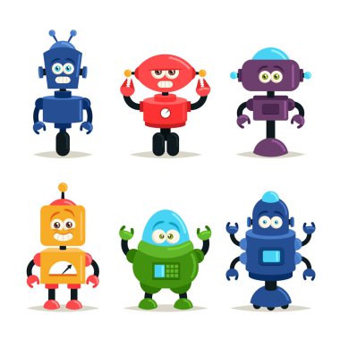 Komik çizgi film karakterleri. Sevimli robotlar. Vektör Set