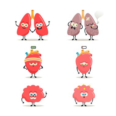 Komik çizgi film karakterleri. Sağlıklı ve hasta organ. Vektör Set.
