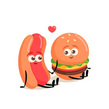 Komik çizgi film karakterleri. Sosisli sandviç ve hamburger. Vektör çizim
