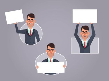 Çizgi film ofis çalışanı boş kağıtlar tutarak. Vektör çizim