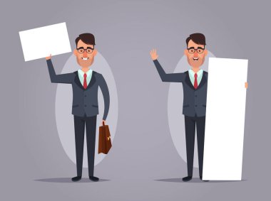 Büyük boş panoları Holding karikatür ofis çalışanı. Vektör çizim