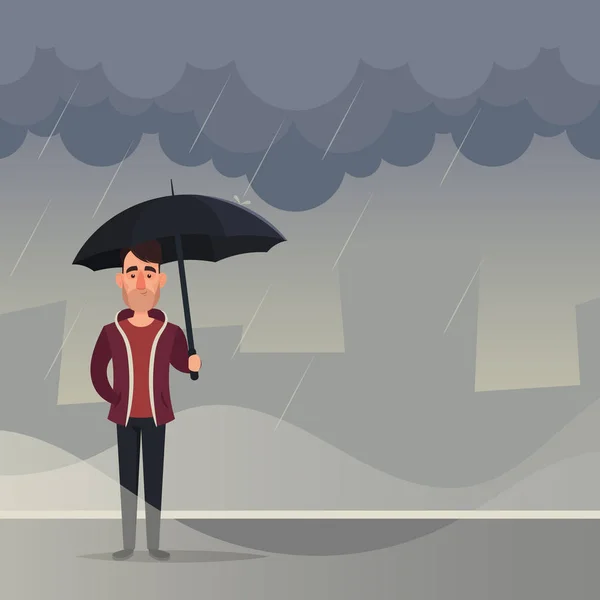 Funny Cartoon Character Man Standing Rain Vector Illustration — Stock Vector