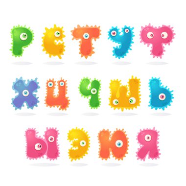 Komik çizgi film karakterleri. Bakteri harfler. Kiril alfabesi. Vektör Set 1 2