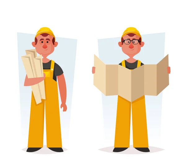 Grappige Builder Met Tekeningen Cartoon Stijl Vectorillustratie — Stockvector