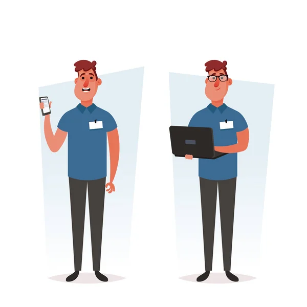 Cartoon Personaggio Divertente Tecnico Riparazione Con Telefono Laptop Operaio Del — Vettoriale Stock