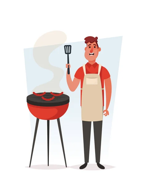 Lindo Personaje Dibujos Animados Joven Cocinando Salchichas Parrilla Ilustración Vectorial — Vector de stock