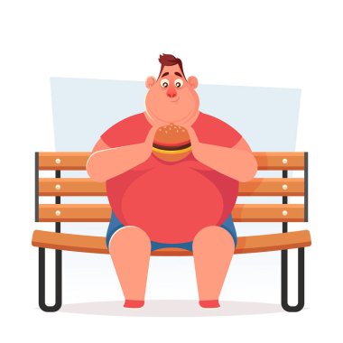 Bankta oturan ve Burger yemek tombul adam