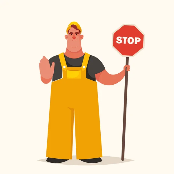 Chubby Builder Holding Stop signe — Image vectorielle