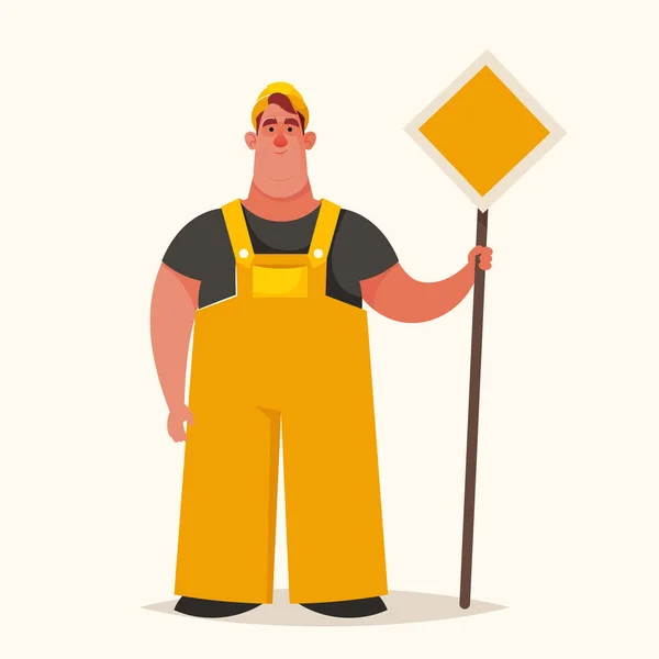 Chubby Builder Holding Road signe — Image vectorielle