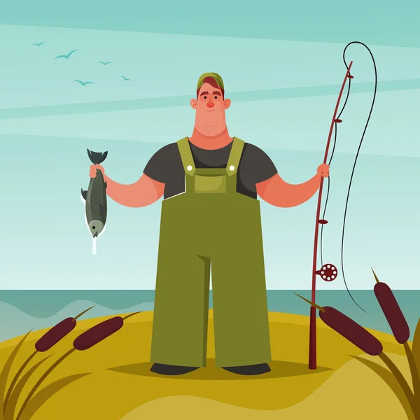 Divertido gordito pescador — Vector de stock