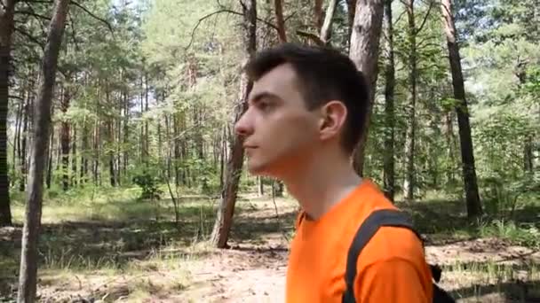 Retrato Jovem Uma Camiseta Com Uma Mochila Caminha Livre Floresta — Vídeo de Stock