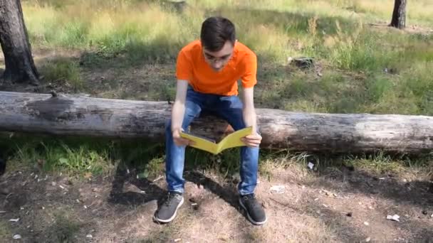 森の中の木に座って本を読んでいる若い男 — ストック動画