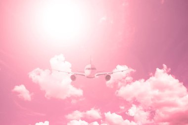 Beyaz bulutlu, kızıl gökyüzünün arka planına karşı bir uçak. Aktarım