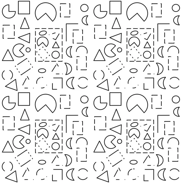 Çemberler, kareler, üçgenler ve ince siyah çizgilerle çizilmiş yarım daireler gibi basit geometrik şekillerden oluşan kusursuz desen. Tasarım modern ve eğlenceli, duvar kağıtları, kumaşlar, kitap kapakları ve çeşitli grafik projeleri için ideal