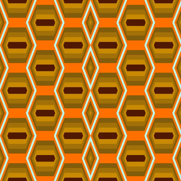 Geometric retro pattern with repeating hexagon shapes in warm orange and brown tones, accented with teal lines for a bold, vintage-inspired design.