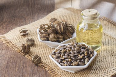 tohum ve Hint yağı ahşap masa - Ricinus communis üzerinde