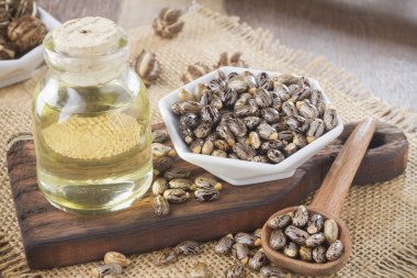 tohum ve Hint yağı ahşap masa - Ricinus communis üzerinde