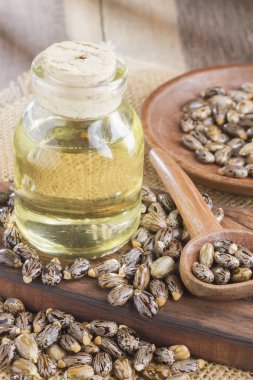 tohum ve Hint yağı ahşap masa - Ricinus communis üzerinde