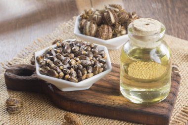 tohum ve Hint yağı ahşap masa - Ricinus communis üzerinde