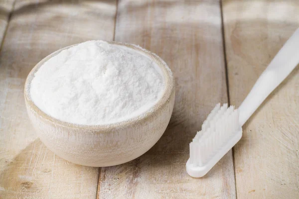 Baking Soda Bowl Wooden Table Close — Stock Photo, Image