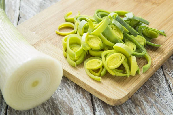 slices of leek on the chopping board - Allium ampeloprasum var