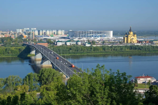 Yaz Görünümü Kanavinsky Köprüsü Oka Nehri Alexander Nevsky Cathedral Nijniy — Stok fotoğraf