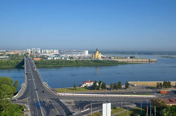 Vista Verano Flecha Confluencia Los Ríos Oka Volga Puente Kanavinsky — Foto de Stock