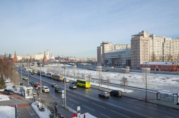 Moscow, Russia - January 25, 2018: Winter view of Prechistenskaya and Bersenevskaya embankments
