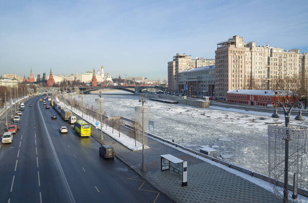 Moscow, Russia - January 25, 2018: Winter view of the Moscow Kremlin, Prechistenskaya and Bersenevskaya embankments