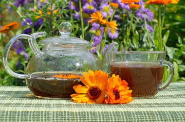 Yaz bahçesinde calendula ile çay