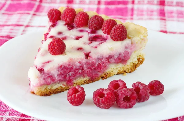 Raspberry Pie Sour Cream Filling Raspberry Berries Plate — Stock Photo, Image