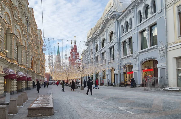 Moscou Rússia Janeiro 2019 Vista Inverno Rua Nikolskaya Decoração Festiva — Fotografia de Stock