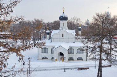 Köşedeki Anna 'nın Gebeliği Kilisesi' nin kış manzarası. Doğal manzara parkı 