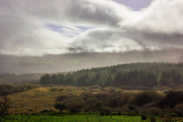 Vista Uma Colina Campos Verdes Abetos Nuvens Forma Círculo Céu — Fotografia de Stock