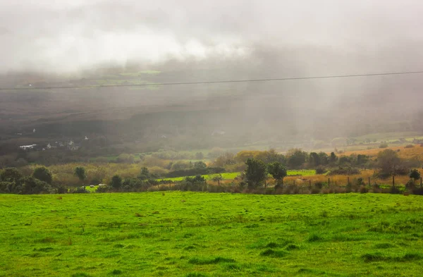 Vista Desde Una Colina Sobre Campos Verdes Abetos Nubes Forma — Foto de Stock