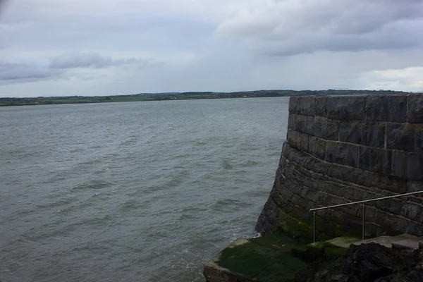 Спокійне Море Облицьоване Камінням Зеленою Травою Деревами Ялинкою — стокове фото