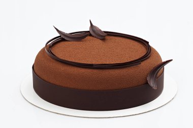 Çikolatalı kek Çikolata dekor ve çikolata yenilebilir tüyleri ile. Beyaz arka plan üzerinde