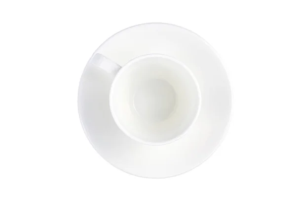 白色的杯子和盘子隔绝在白色顶部看法平的放置 — 图库照片