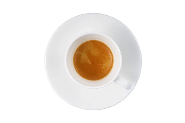 Café Expresso Uma Xícara Branca Fundo Branco Isolado Vista Superior — Fotografia de Stock