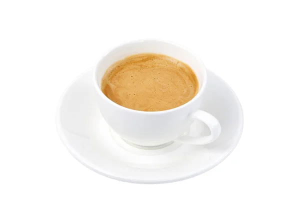 Café Expresso Uma Xícara Branca Fundo Branco Isolado Vista Close — Fotografia de Stock