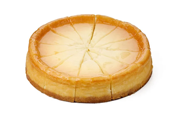 Cheesecake Witte Achtergrond Geïsoleerde Gesneden Gelijke Delen Cirkel — Stockfoto