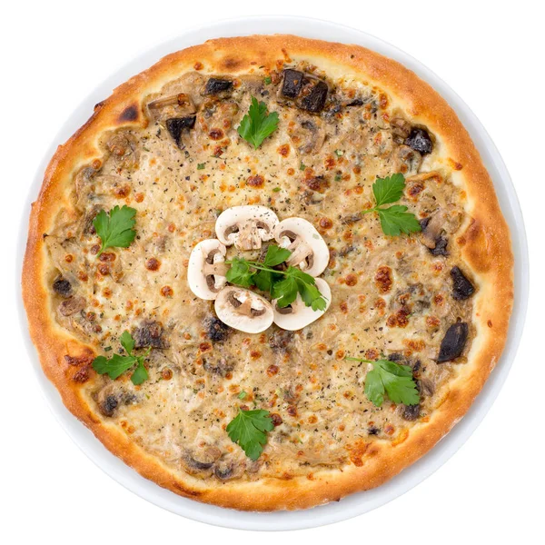 mushroom pizza on white background isolated with clipping path. Top view flat lay