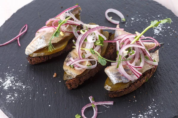 Herring Bruschetta Plate Traditional Cuisine Close View Selective Focus — Stock Photo, Image