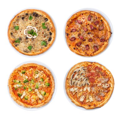 pizza koleksiyonu beyaz izole, üst görünüm 