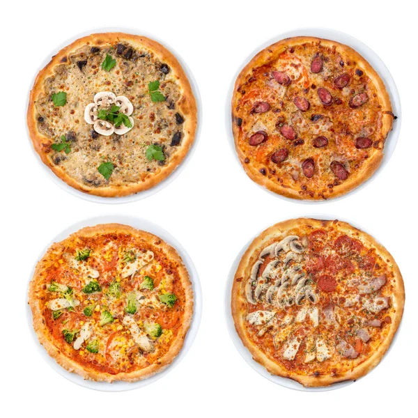 pizza koleksiyonu beyaz izole, üst görünüm 